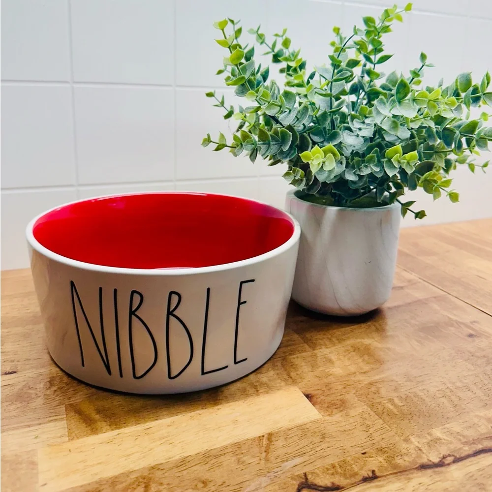 Rae Dunn Nibble Ceramic Pet Bowl - White Exterior with Red Interior